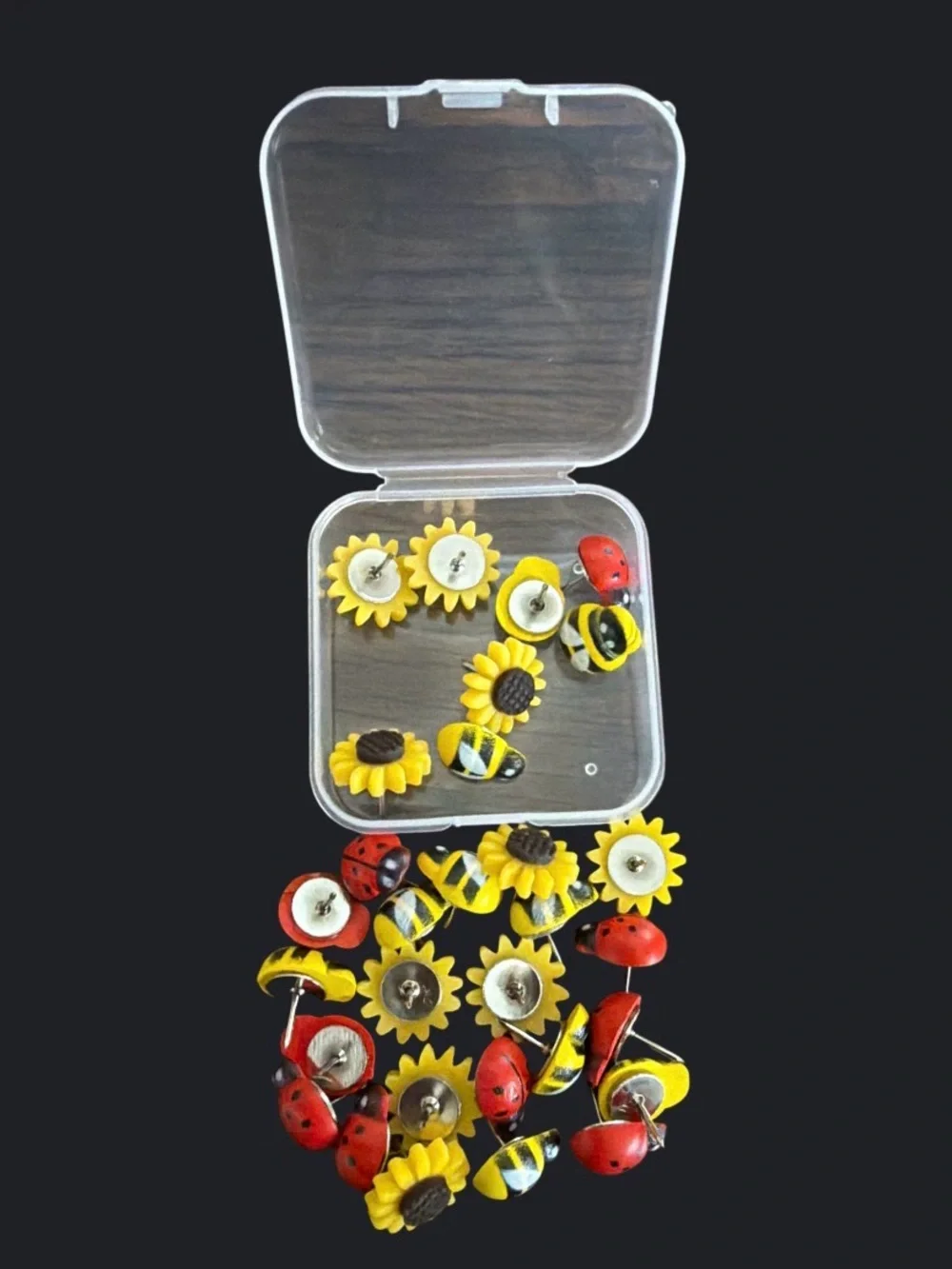 Cute Sunflower, Bee & Ladybug Decorative Push Pins - Bright Yellow & Red 30 Piec